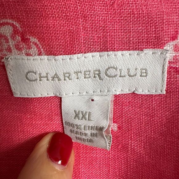 Charter Club Shirt Womens XXL Pink Geometric Button Up Roll Tab Linen Beachy - Picture 3 of 5
